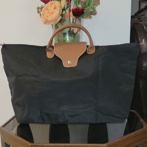 Black Tote Bag with Brown Handles